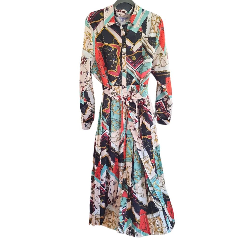 Eien Pleated Geometric Print Collar Midi dress